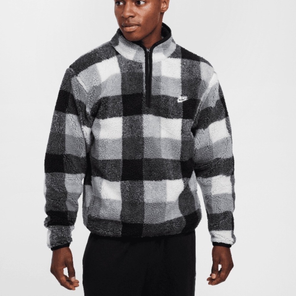Nike Sportswear Club Winterized Polar Fleece Plaid Half Zip FZ0896-010 Mens M